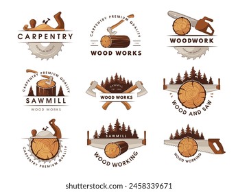 Carpenter logo. Circular saw stylized labels badges for industrial business wood cutting instruments recent vector identity templates