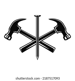 Carpenter Logo With Crossed Hammers And Metal Nail. Claw Hammer And Nail Symbol, Carpentry Icon