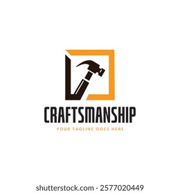 Carpenter logo design in rustic retro vintage style. Handyman logo design.. Industrial retro emblem with hard hat hammer and spanner. Work logo with helmet and tools. Vector illustration.