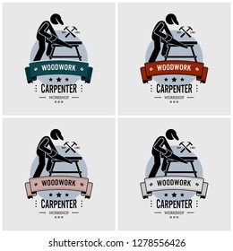 Carpenter logo design. Vector artwork of carpentry or woodwork workshop. Illustration shows a carpenter cutting a wood with saw on a workbench. 