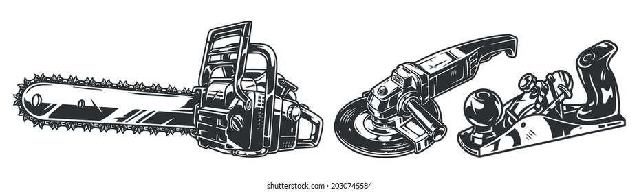 Carpenter and lumberjack work tools set with chainsaw angle grinder machine and jointer in vintage monochrome style isolated vector illustration