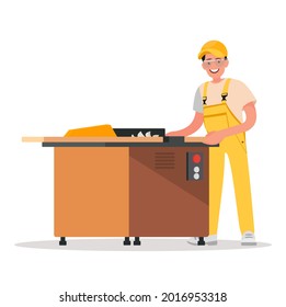 Carpenter makes the product on the woodworking machine. Vector illustration in a flat style