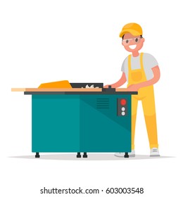 Carpenter makes the product on the woodworking machine. Vector illustration in a flat style