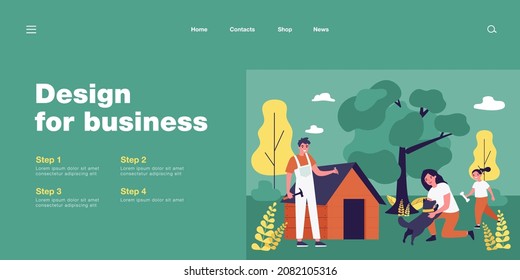 Carpenter making doghouse for domestic animal outside. Mother playing with dog, daughter with bone, man with hammer and nail flat vector illustration. Pets concept for banner, website design