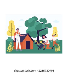 Carpenter making doghouse for domestic animal outside. Mother playing with dog, daughter with bone, man with hammer and nail flat vector illustration. Pets concept for banner