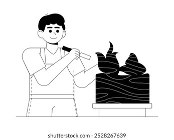 Carpenter making fish shaped craft by carving wood prepared with chisel, vector illustration of craft.