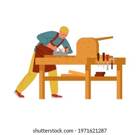 Carpenter Making Furniture. Craftsman Flat Vector Characters. Isolated On White. 