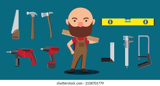 Carpenter man with equipment of his work in cartoon character, Vector illustration 
