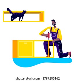 El carpintero ayuda a instalar un nuevo escritorio en el hogar de los clientes. Ayuda y concepto de soporte del servicio de ensamblaje de mobiliario. Manejador con tabla de reparación de tornillos o taladros. Ilustración vectorial de dibujos animados