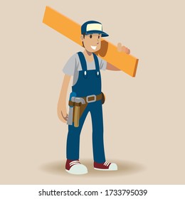 Carpenter Man ,Vector Illustration Cartoon Character. Hand Draw Vector Illustration Of An Friendly Carpenter.