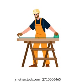 Hombre carpintero trabajando en un sitio de renovación, utilizando una cinta métrica para marcar con precisión una tabla de madera que descansa sobre un caballete, ilustrando trabajos de construcción, artesanía y tareas de mejora del hogar