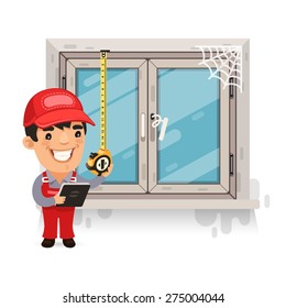 Carpenter Measures the Old Window. Isolated on white background.