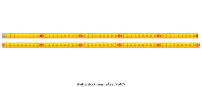 Carpenter measuring tape, metric tape measure. Yellow tape measure with scale, metric measuring tape.