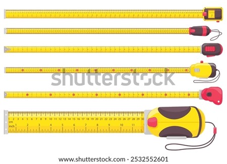 Carpenter measuring tape ruler. Yellow tape measures with metric and imperial measurements, inches and centimeters scales. Length isolated vector illustrations set.