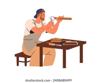 Carpenter measuring wood with caliper. Artisan with calliper, using measurement, dimension tool during woodwork, carpentry, joinery at workshop. Flat vector illustration isolated on white background