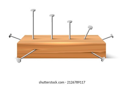 Carpenter nails. Rustic wood plank with metal nail set isolated on white background, steel pins in nailed wooden board hardware industry closeup object vector illustration