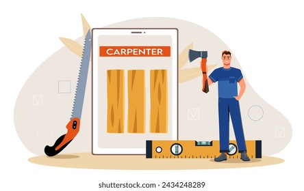 Carpenter online concept. Wood processing and woodwork. Lumberjack with axeand saws. Wooden panels for construction and renovation. Cartoon flat vector illustration isolated on white background