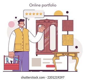 Carpenter Online Service Or Platform. Wooden Furniture Maker Or Designer. Home Furniture Construction, Repair And Assembly. Online Portfolio. Vector Illustration