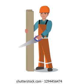 Carpenter in orange coverall  with helmet on head and saw in hand and wood boards