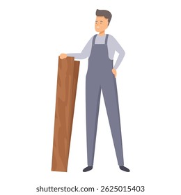 Carpenter em macacão está segurando uma grande tábua de madeira, mostrando sua experiência e prontidão para um projeto de construção