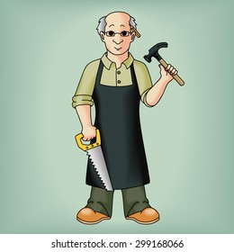 Carpenter with a pencil behind his ear, hammer and saw tool. Editable vector illustration.