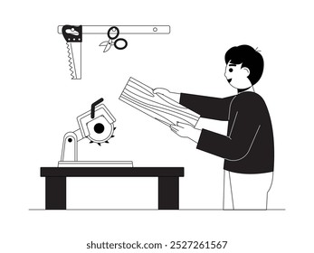 Carpenter picks good wood to make crafts, vector illustration.