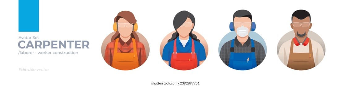 Iconos de avatar de imagen del carpintero. Ilustración de hombres y mujeres con ropa de delantal