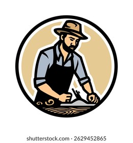 Carpenter with a plane. Vector illustration.