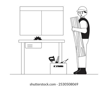 Carpenter prepares wood to be cut for making crafts, vector illustration.