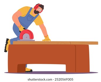 Carpenter In Protective Gear Using A Power Saw For Woodworking On A Large Wooden Table. Vector Scene Conveys A Sense Of Focus, Skill, And Craftsmanship, Highlighting The Art Of Carpentry And Woodwork