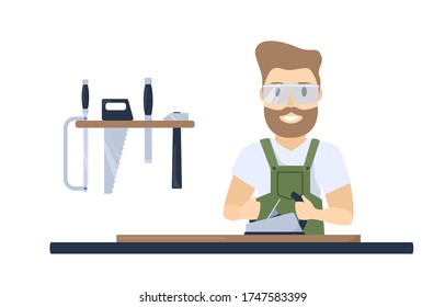 Carpenter in protective glasses is working with plane. Cartoon illustration