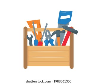 Carpenter or repair tool box with instruments inside. Wooden Workbox with tools isolated on white background. Construction, decoration, repairing houses or offices element. Vector illustration.