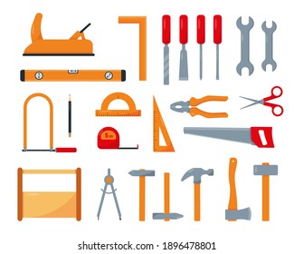 Carpenter or repair tools set isolated on white background. Construction, decoration, repair of houses or offices elements. Repair services concept. Vector illustration.