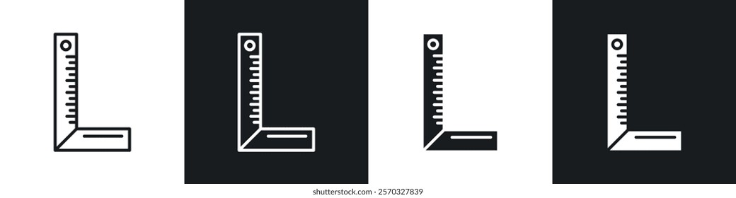 Carpenter ruler icons vectors set in black. line and flat versions