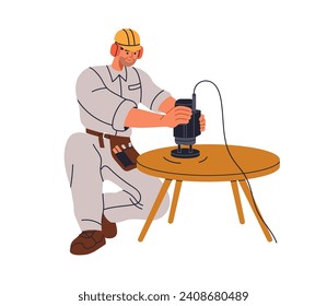 Carpenter sanding wood furniture with electric tool, woodwork machine, orbital sander. Restoring, polishing, buffing wooden table for renovation. Flat vector illustration isolated on white background