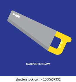 Carpenter saw or hand saw grey blade with yellow handle, typical tool on a blue background. 
