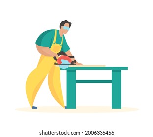 Carpenter at sawing table. Fast wood cutting with power tool. Male character in uniform with circular saw cuts out furniture. Professional and amateur home renovation. Vector flat illustration