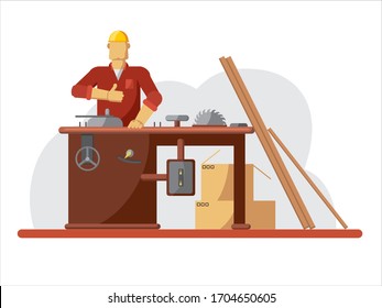 carpenter sawing wood board at the workshop. set of tools. character design - vector illustration