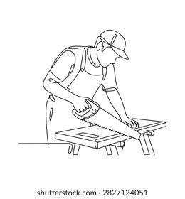 Carpenter sawing wood continuous line drawing illustration on white background