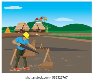 carpenter sawing wood at countryside vector design