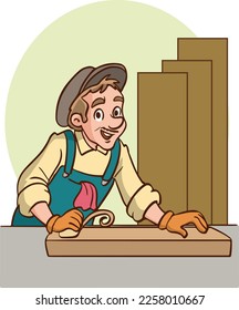 A carpenter sawing the wood on the table cartoon vector