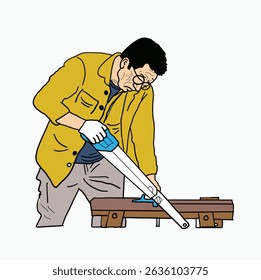 Um carpinteiro serrando a madeira sobre a mesa. Ilustração de estilo de desenho animado