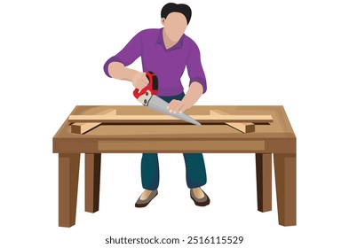 El carpintero está serrando madera. Diseño de Vector