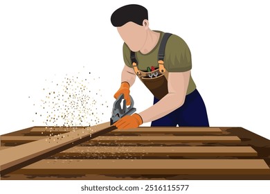 El carpintero está serrando madera. Diseño de Vector