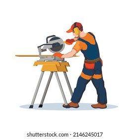 Carpenter at sawmill. Joiner working with circular saw. Construction worker uses woodworking machine. Isolated industrial scene. Building ocupation. Vector illustration