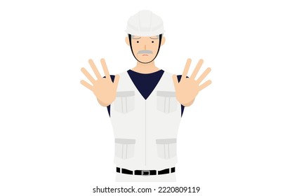 Carpenter senior man pose, No! Inhibition! Hold out both hands in front of you