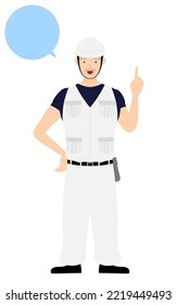 Carpenter senior man pose, Talking while pointing