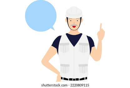 Carpenter senior man pose, Talking while pointing