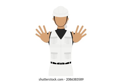 Carpenter senior woman pose, No! Inhibition! Hold out both hands in front of you