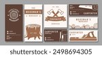 Carpenter service banners templates. Woodwork products, stump texture, lumberjack tools, annual tree rings, axes and saws, minimal style business cards, woodcutter posters tidy vector set